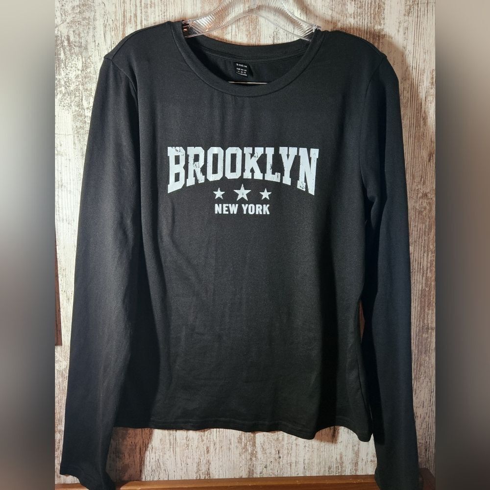 SHEIN Black Long Sleeve Top with White Brooklyn New York Print